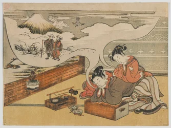 Sonhando em Caminhar perto de Fuji, período Edo, 1770-73 (impressão em xilogravura a cores)